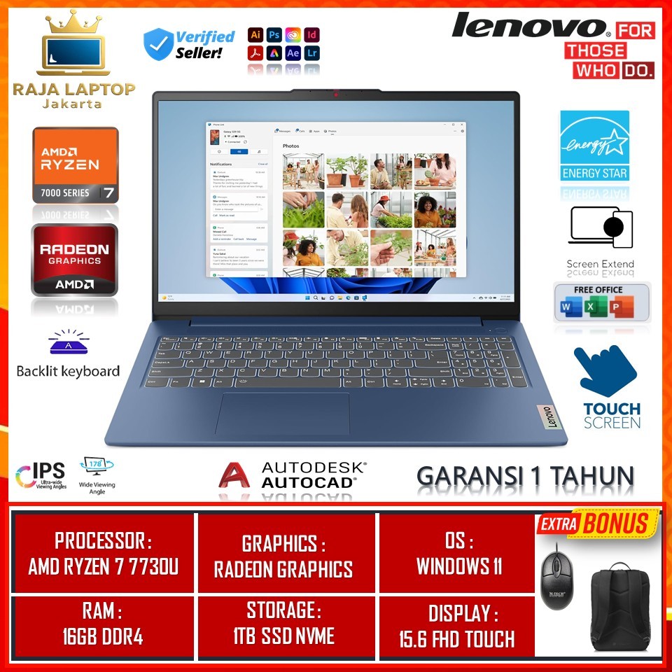 Laptop Baru Lenovo Ideapad Slim 3 15 Amd Ryzen 7 7730U Ram 16GB 1TB SSD Fhd Touchscreen Win11home