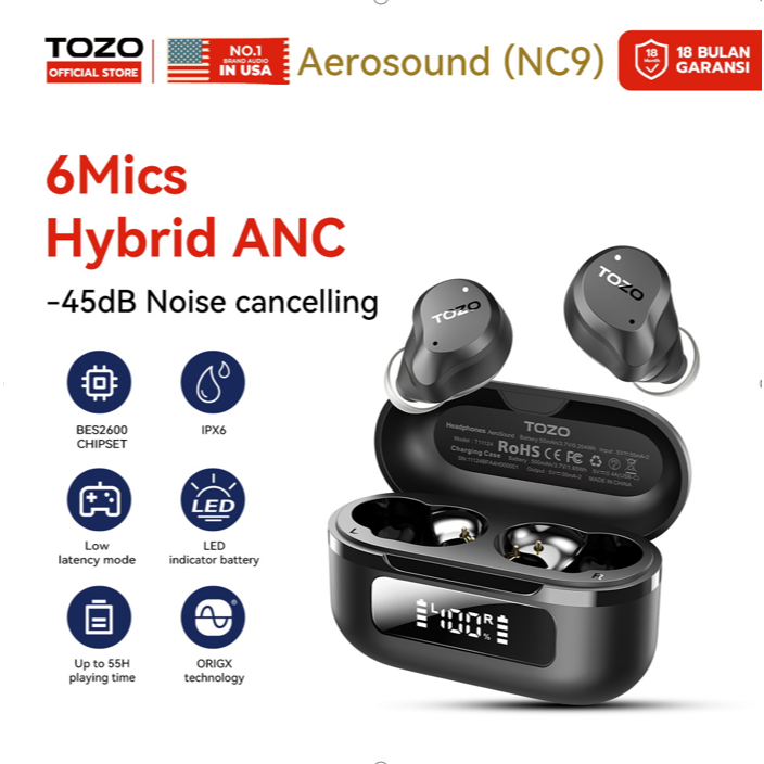 NEW LAUNCHING Tozo Aerosound (NC9) Tws 6 Mics Hybrid ANC + 4 Mics ENC Long Playing Time IPX6 Low Lat