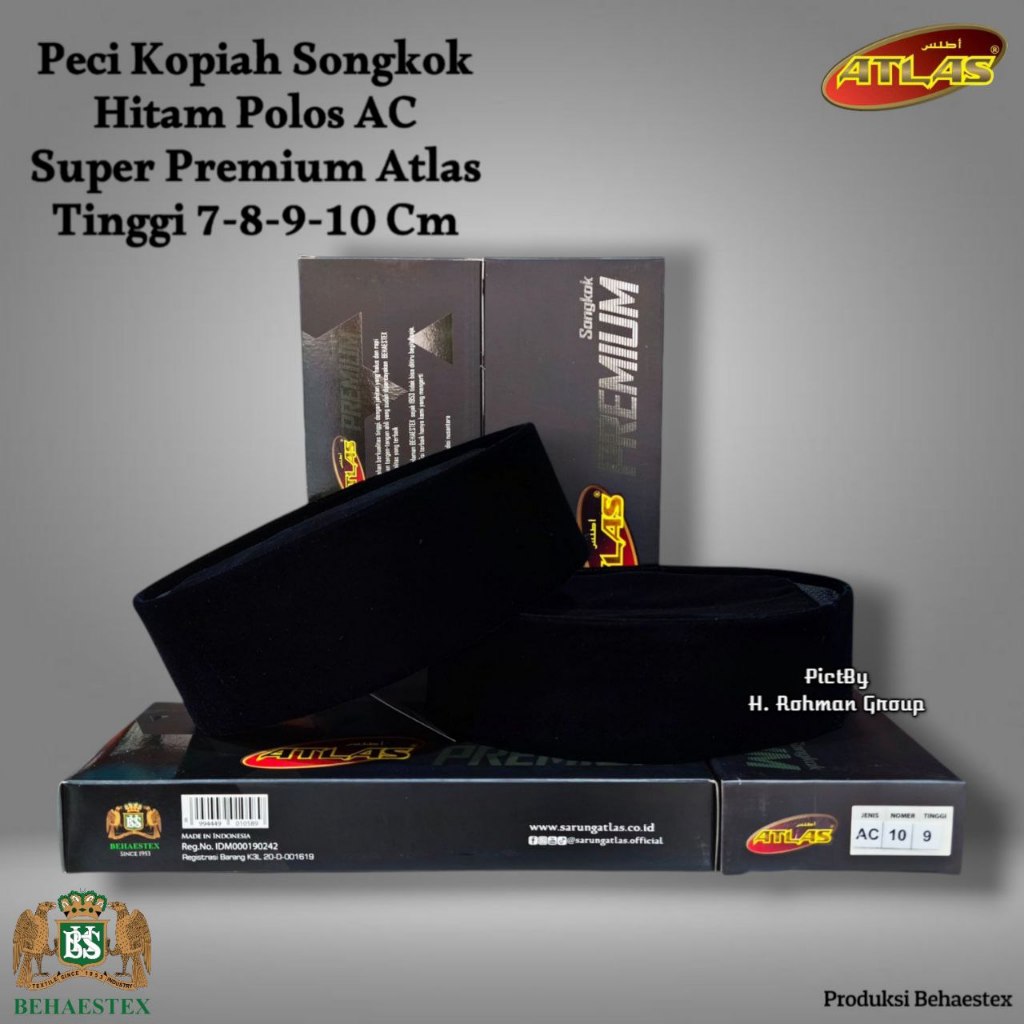 ATLAS PREMIUM AC Peci Songkok Hitam Beludru Halus Tebal Tinggi 7 8 9 10 Behaestex