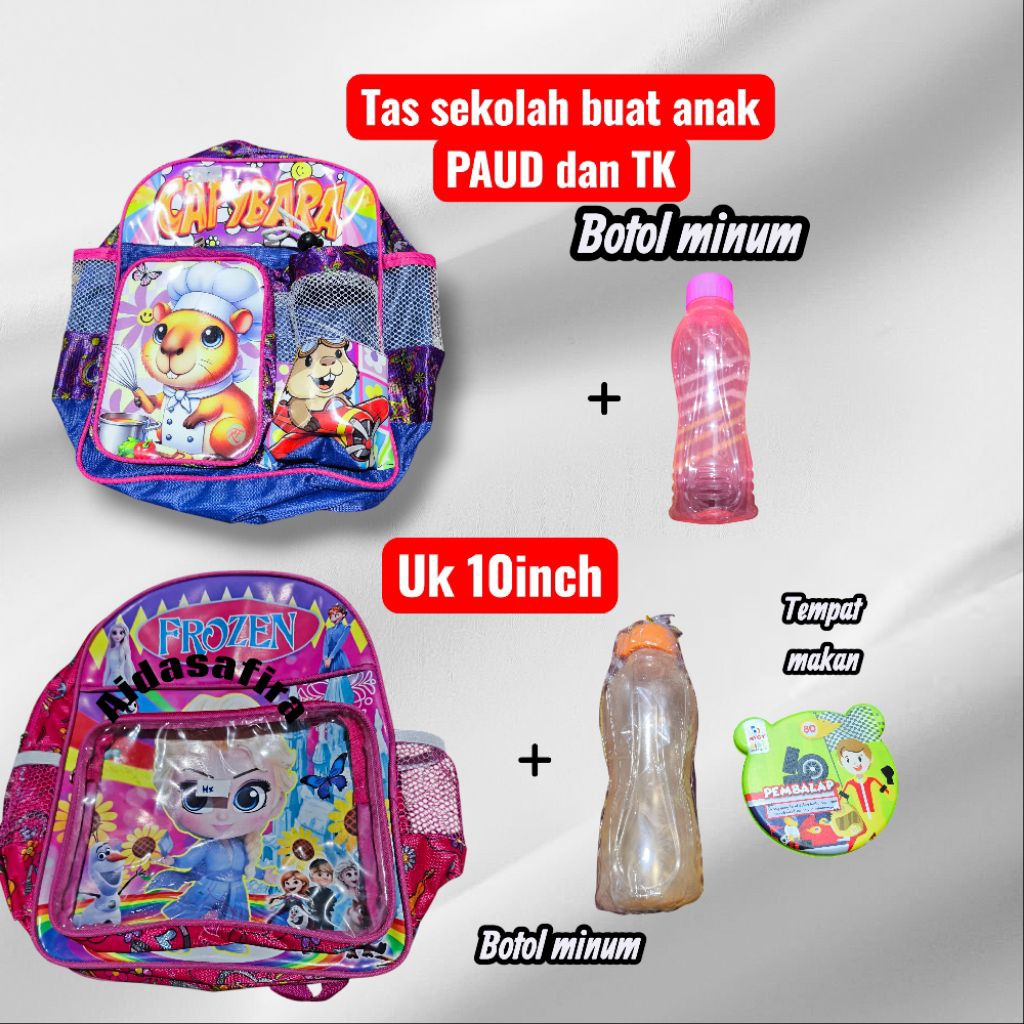 TAS SEKOLAH ANAK PAUD DAN TK UKURAN 13inch/RANSEL SEKOLAH BERHADIAH BOTOL MINUM DAN TEMPAT MAKAN