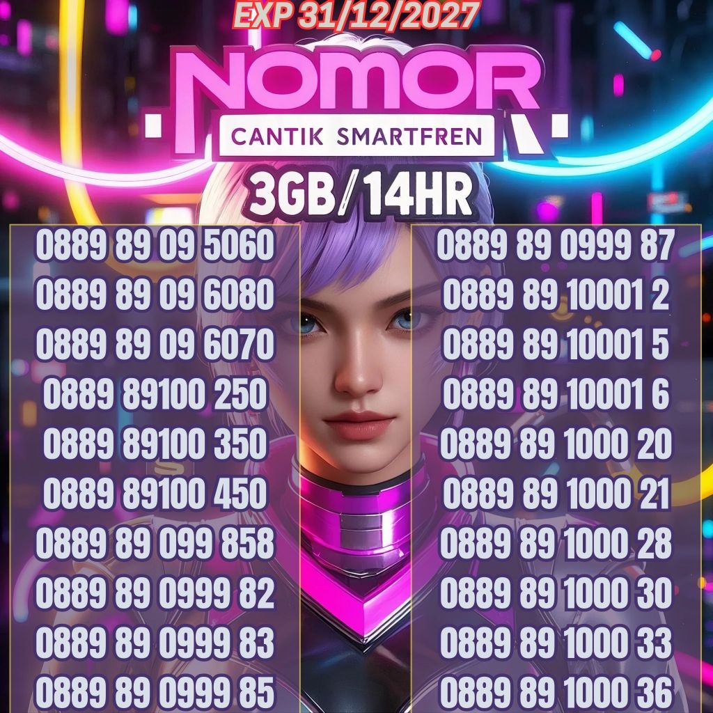 Nomor Cantik Smartfren seri 0889 89 1000 XX Bonus 3GB/14Hari Harga mulai dari 35ribu