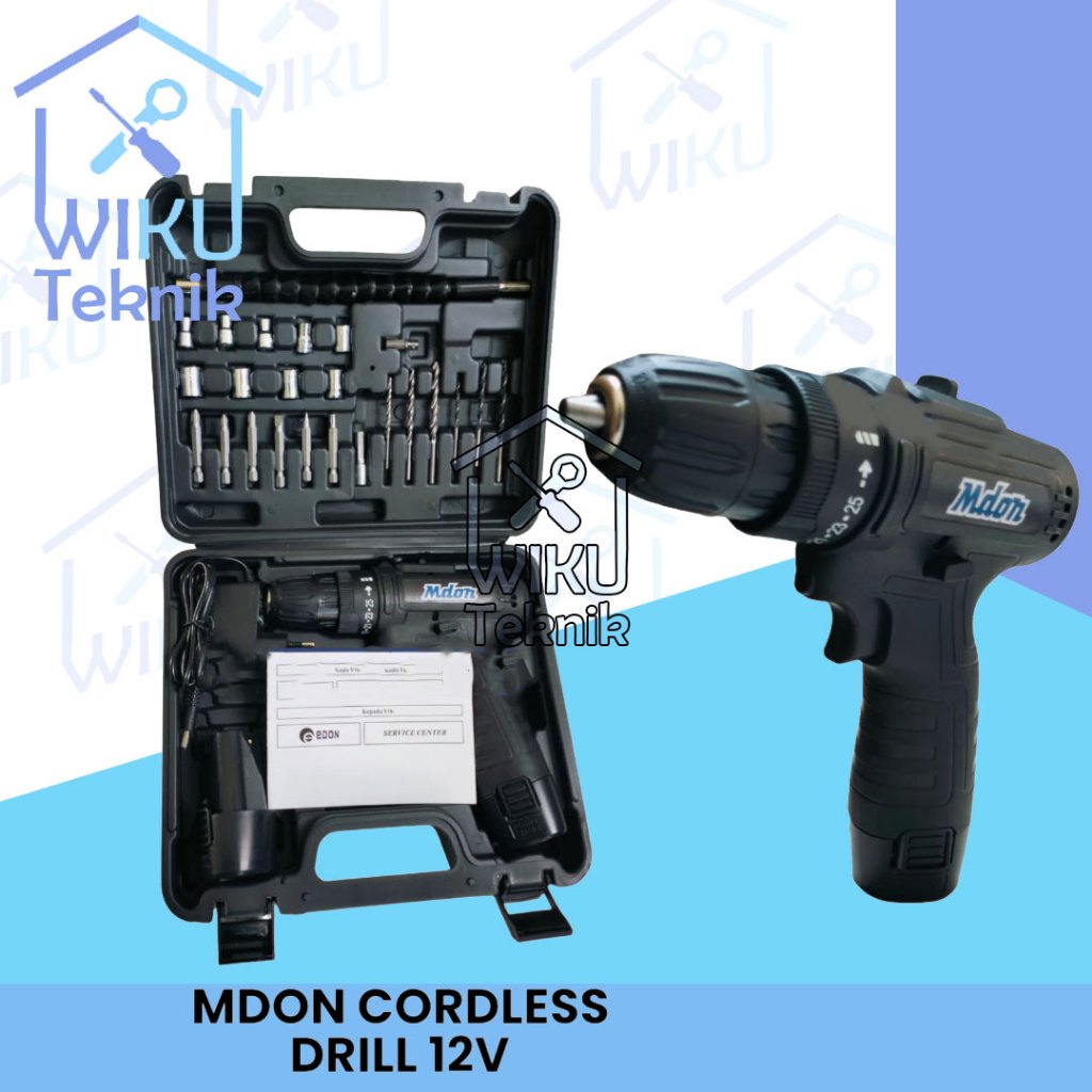 MDON Mesin Bor Cordless Drill Besar 10 mm Baterai 12V 12 Volt Plus BOX Mata Bor