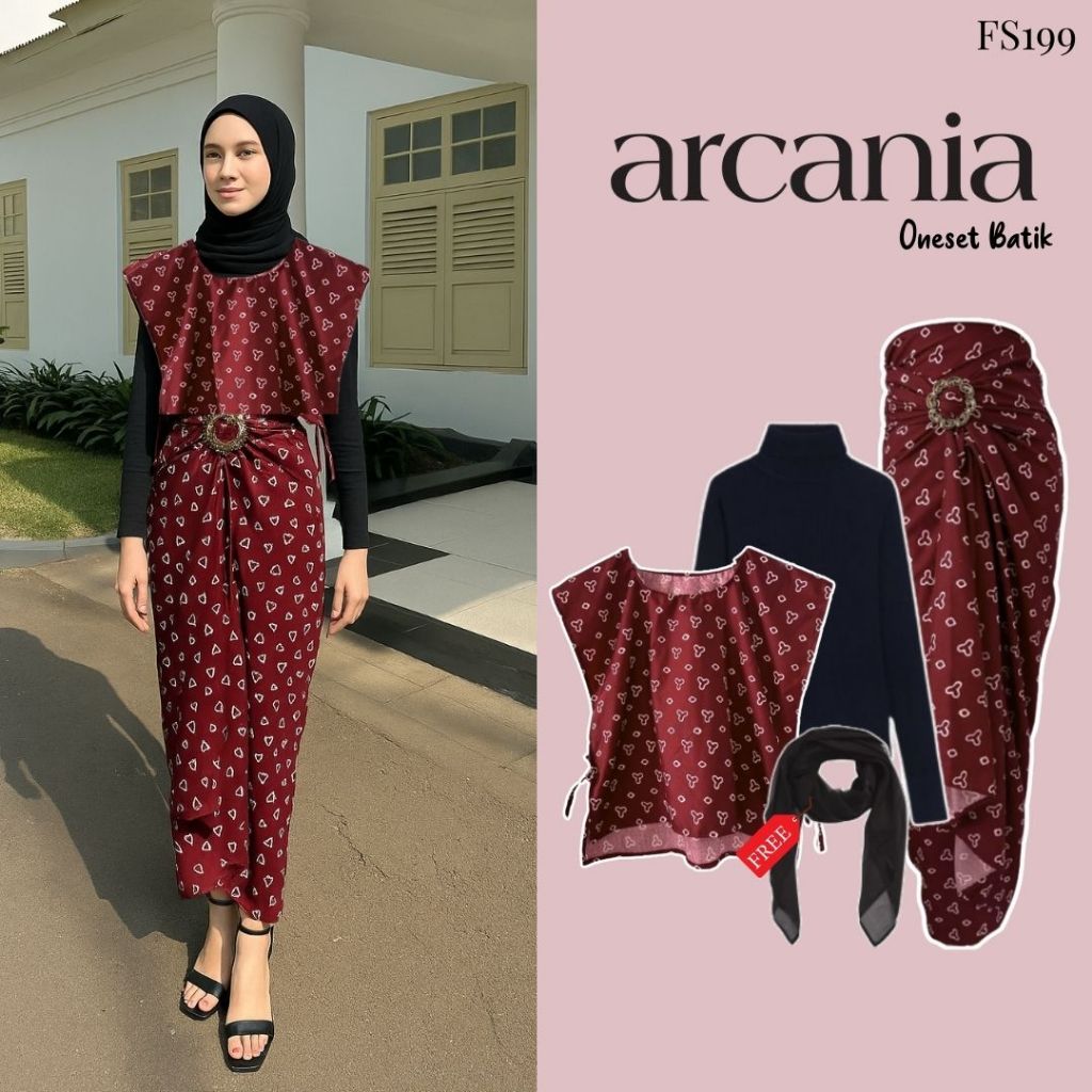 Arcania Oneset Batik (Vest Jumputan, Inner, Rok Jumputan, Hijab) Setelan Batik Lilit Maron |FS199