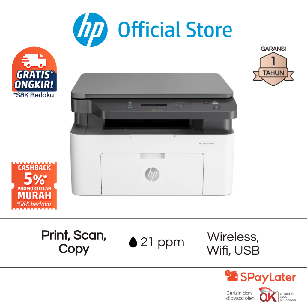 Printer HP Laser MFP 136W All in One Print Scan Copy Wireless Wifi USB Black Hitam Garansi 1 Tahun P