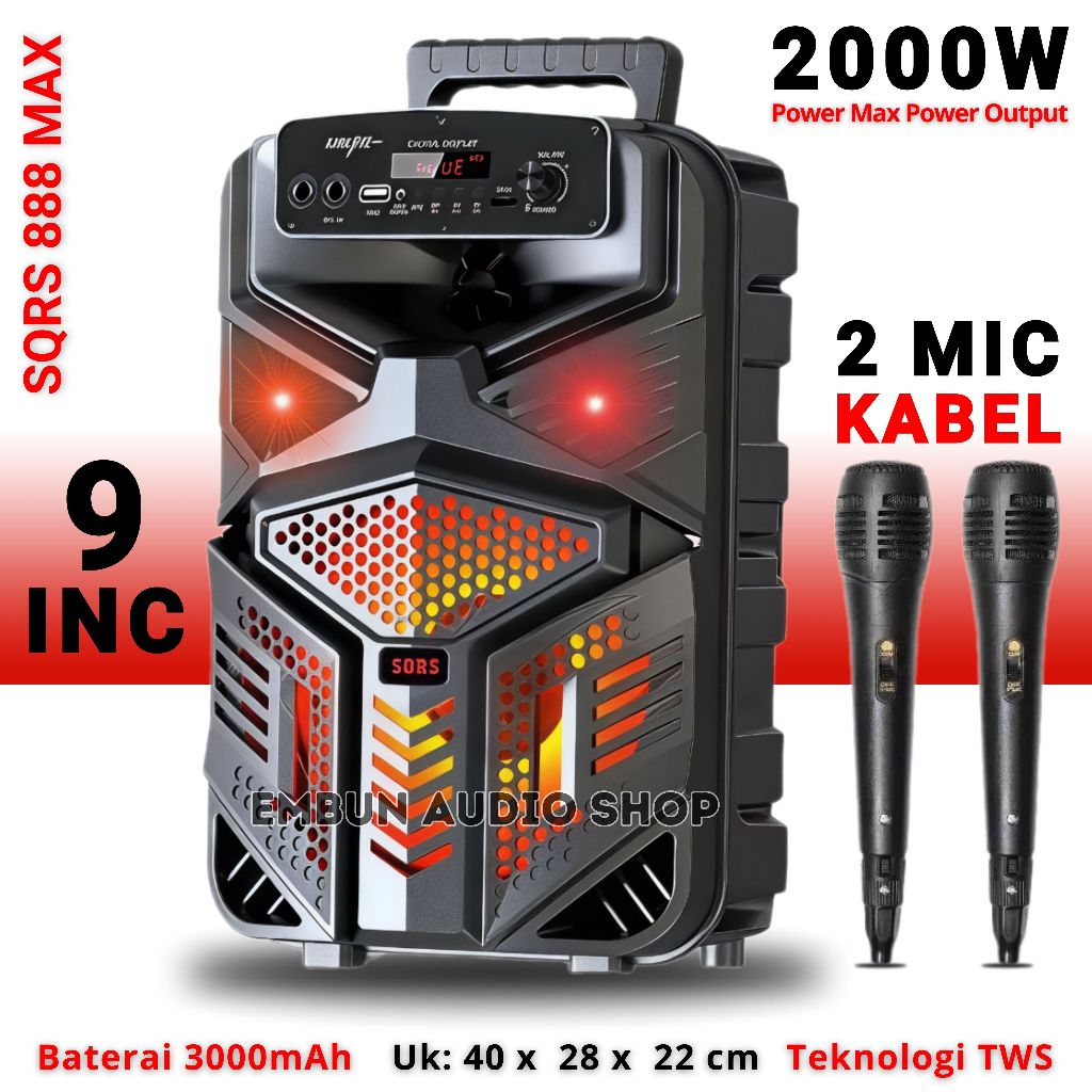 Bonus 2pcs Mic Kabel Karaoke Speaker Bluetooth SQRS 888 MAX  Ukuran Besar 9 Inch / Speaker Karaoke L