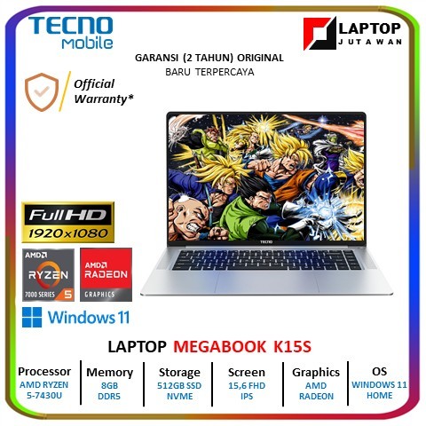 TECNO MEGABOOK K15S RYZEN 5 7430 8GB 512GB W11 15.6 FHD IPS SLV