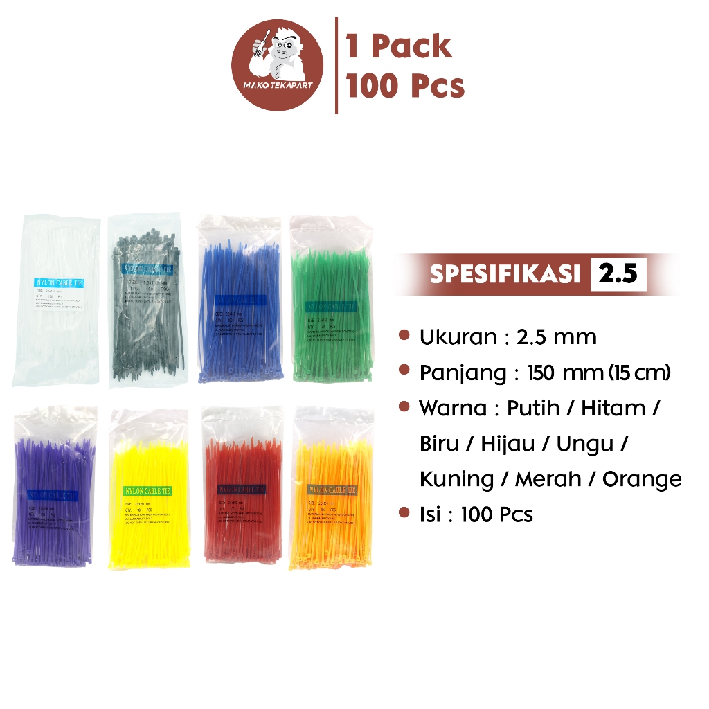 [100 Pcs] Kabel Ties Cable Tie Ekonomis Murah 2.5 x 150 mm Warna Warni