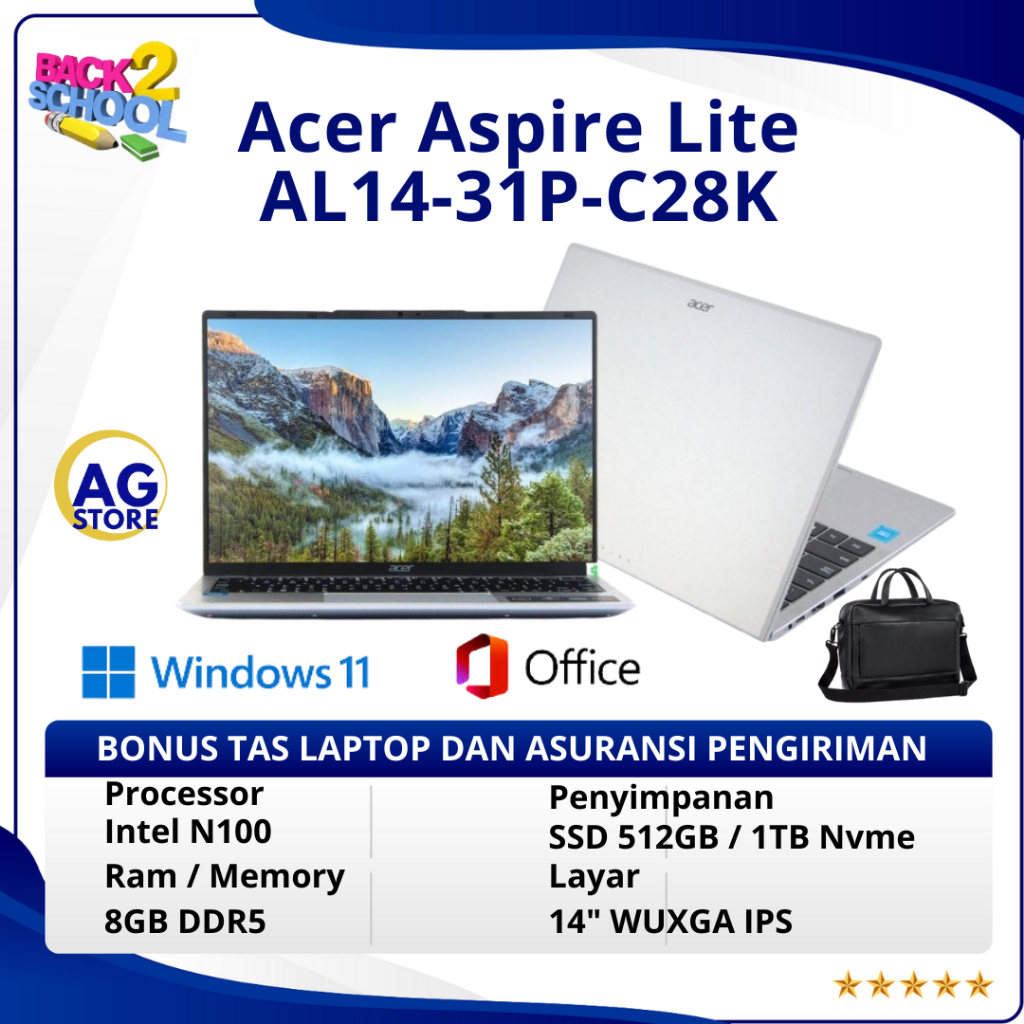 Laptop 4 Jutaan Acer Aspire Lite AL14 - C28K Intel N100 Ram 8GB SSD 1TB 14" Layar IPS
