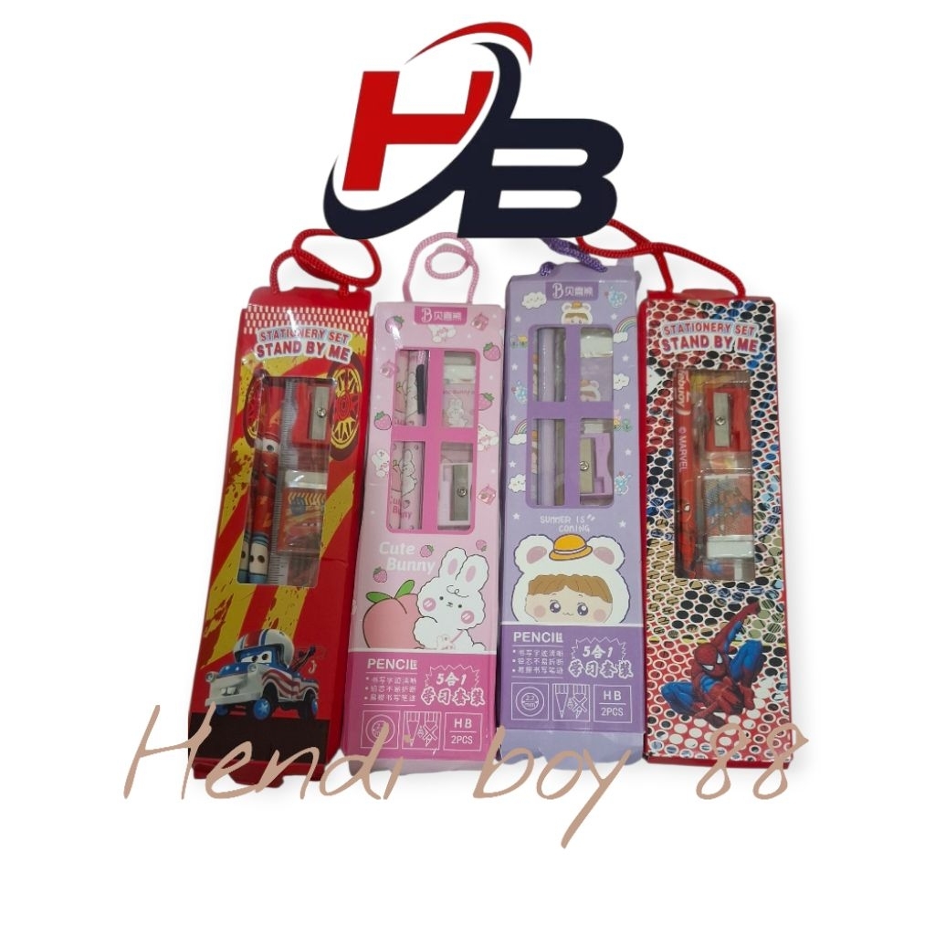 

Alat tulis karakter 5in1 (2 pensil,1 pengapus, 1penggaris,1 peraut)