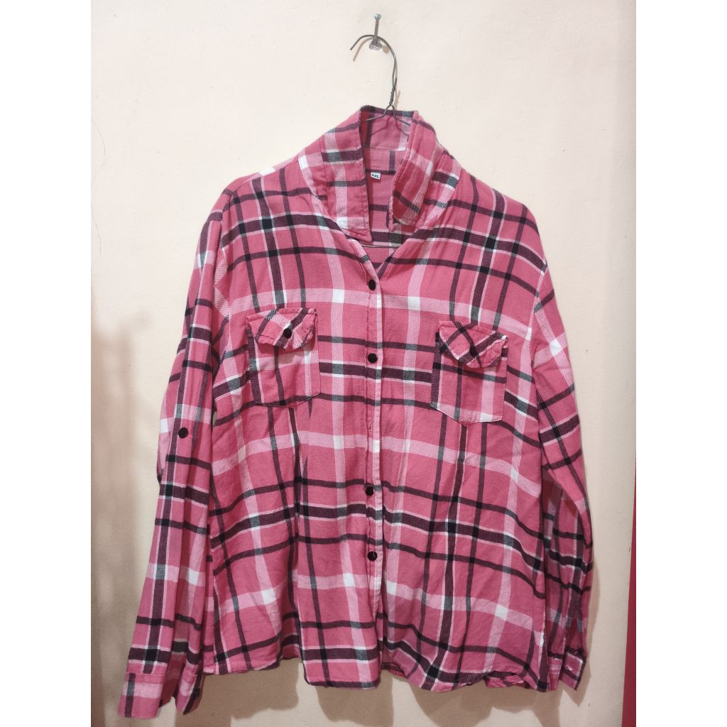Preloved Kemeja Flanel Garis-Garis Pink Hitam (Unisex)