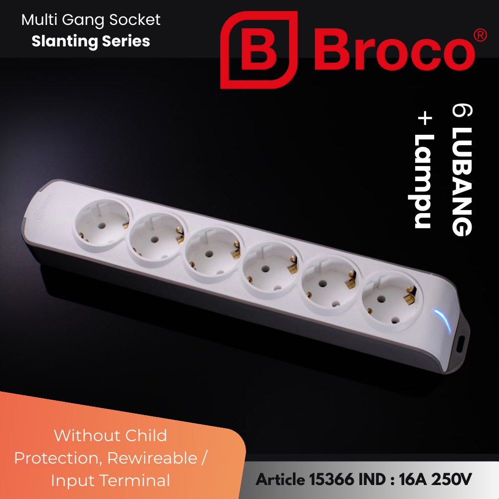 Broco Stop Kontak 6 Lubang Miring 15366 NCP + Indikator Lamp