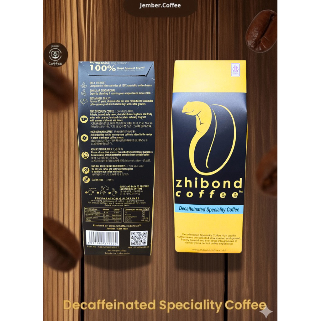 

Kopi Decaffeinated Speciality Premium Bubuk– Zhibond Coffee 100gr | Halal