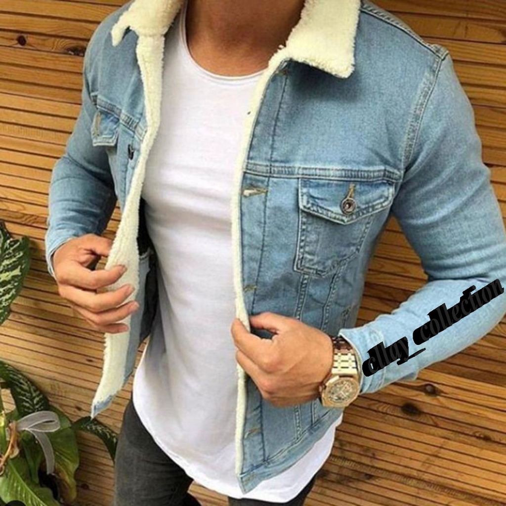 Jaket Denim Sherpa Unisex Korea Style – Collar Sherpa Putih, Cocok untuk Foto OOTD & Streetwear Look