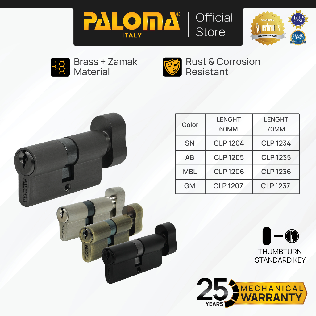 PALOMA Cylinder Kunci Pintu Silinder Knob Anak Kunci Lite KC-SK Brass Kuningan Zamak Silver Grey Abu