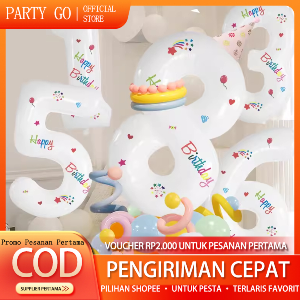 Balon Foil Angka 0-9 Jumbo Balon Angka 32inch Warna Putih Motif Happy Birthday Balon Angka