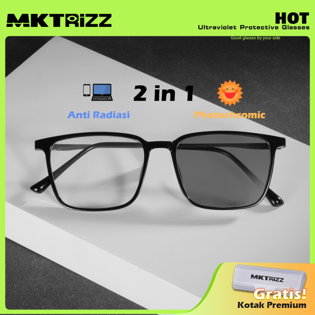 MKTRIZZ Kacamata Photochromic Anti Radiasi & Blueray Square Frame TR90&Logam Hitam dan perak 8137