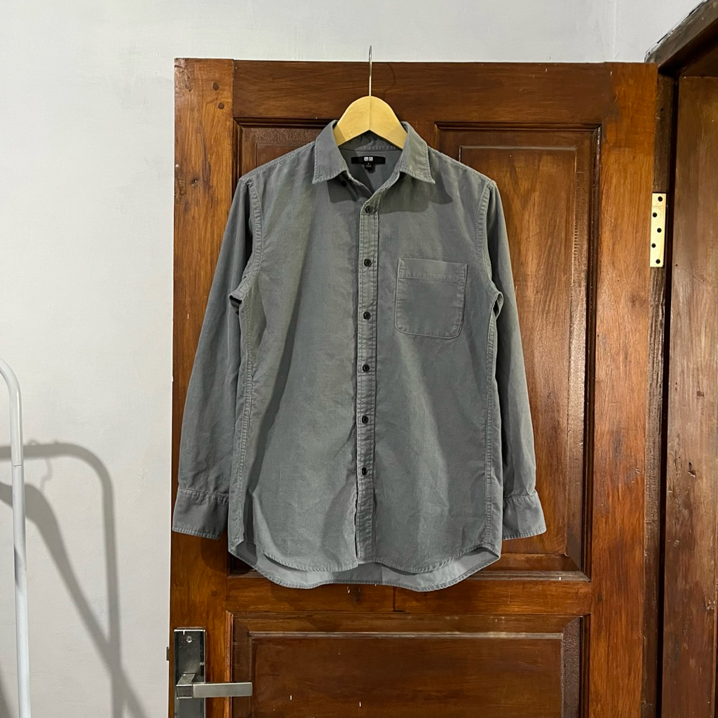 [S] UNIQLO Corduroy Shirt Long Sleeve I Grey I Vintage Vtg Retro Kemeja Garis-garis Salur Outer Woll