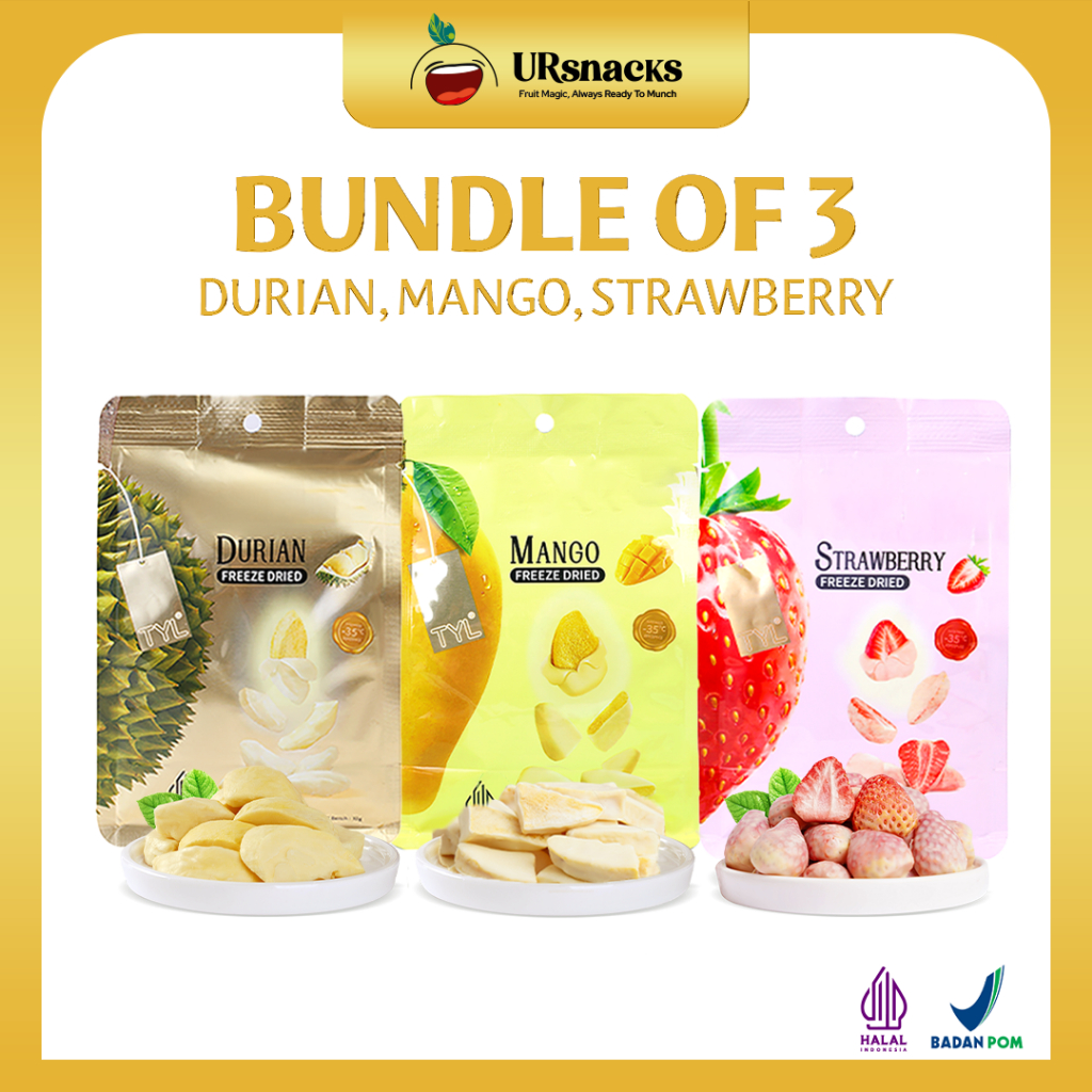 

URSNACKS - Best Seller Bundle 3 Freeze Dried Rasa Strawberry 22gr Durian 32gr Mangga 32gr