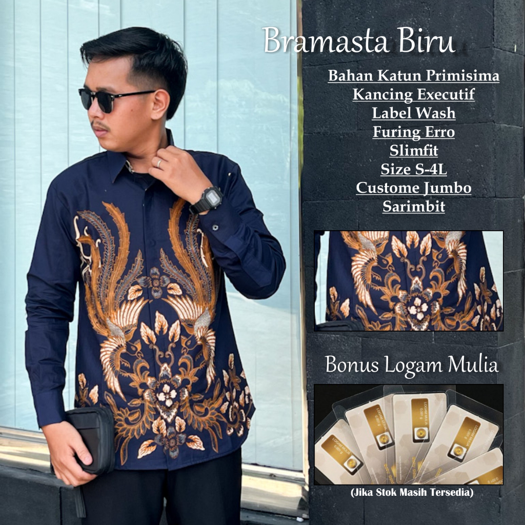 PERKASA BATIK Motif Bramasta Biru Atasan Kemeja Batik Pria Premium Lengan Panjang Slimfit Bahan Katu