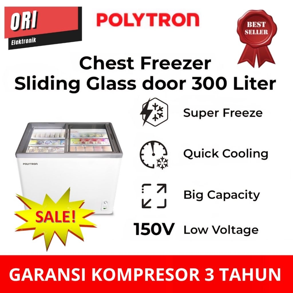 POLYTRON CHEST FREEZER 300 LITER SLIDING GLASS DOOR PCF-329 BOX PEMBEKU PINTU KACA