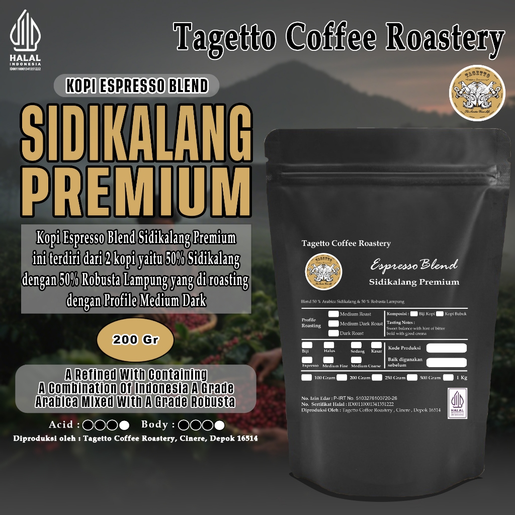 

KOPI ESPRESSO SIDIKALANG PREMIUM 200GR - 50% ARABICA 50% ROBUSTA | BEAN GROUND BIJI BUBUK 200 GRAM TAGETTO COFFEE ROASTERY