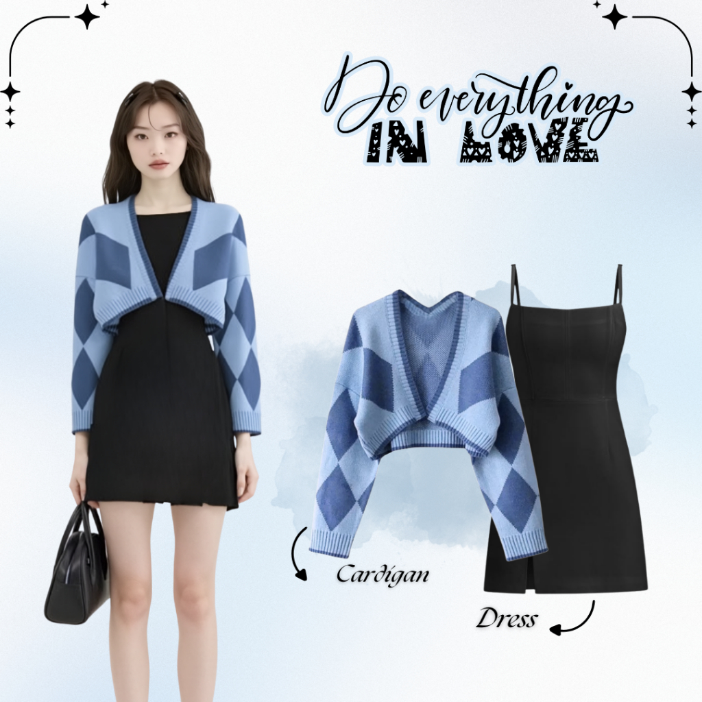One Set 2in1 Korean Outfit ( Cardigan Rajut Motif Diamond Biru  & Inner Dress Belah Samping Hitam ) 