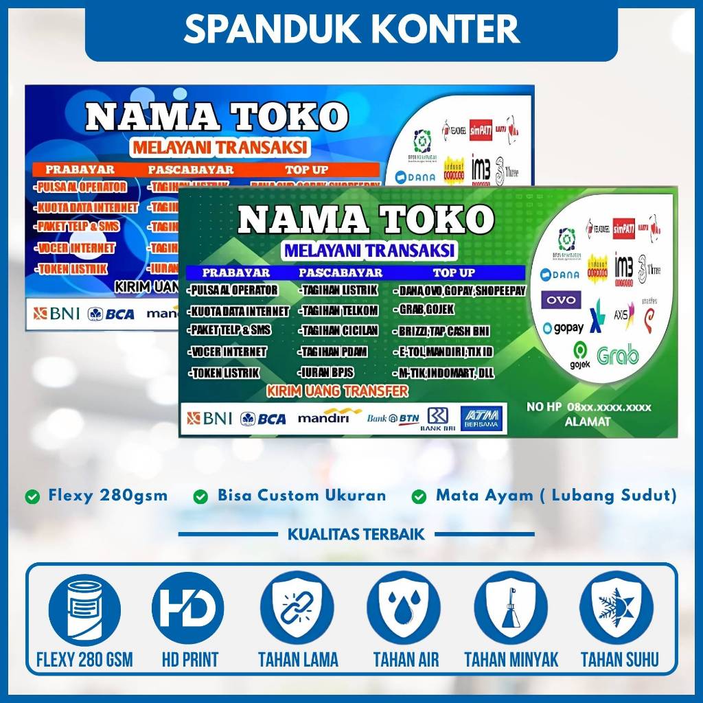 Spanduk Baner Konter Custom Nama Toko - Spanduk Layanan Transaksi - 200x100 cm