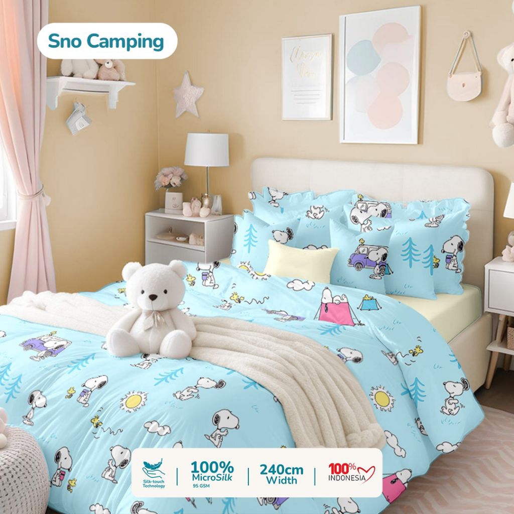 Sprei anti geser anak karakter snoopy camping ukuran lengkap tinggi 20cm sampai 40cm sprei set murah