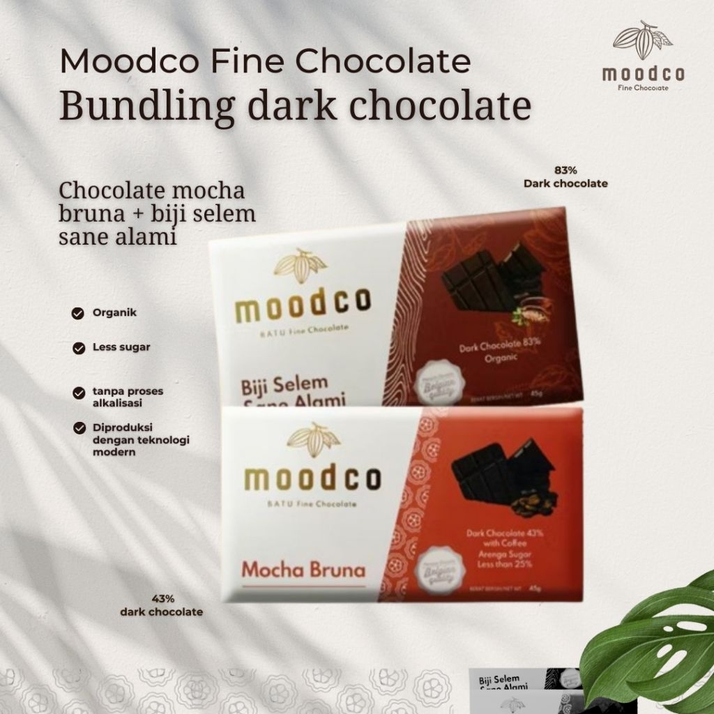 

Moodco Fine Chocolate | Bundling 2 varian Cokelat Bar Mocha Bruna & Biji Selem Sane Alami 45 gr | Coffee Chocolate & Dark Chocolate 83% | Real Coklat Bukan Coklat Kompon
