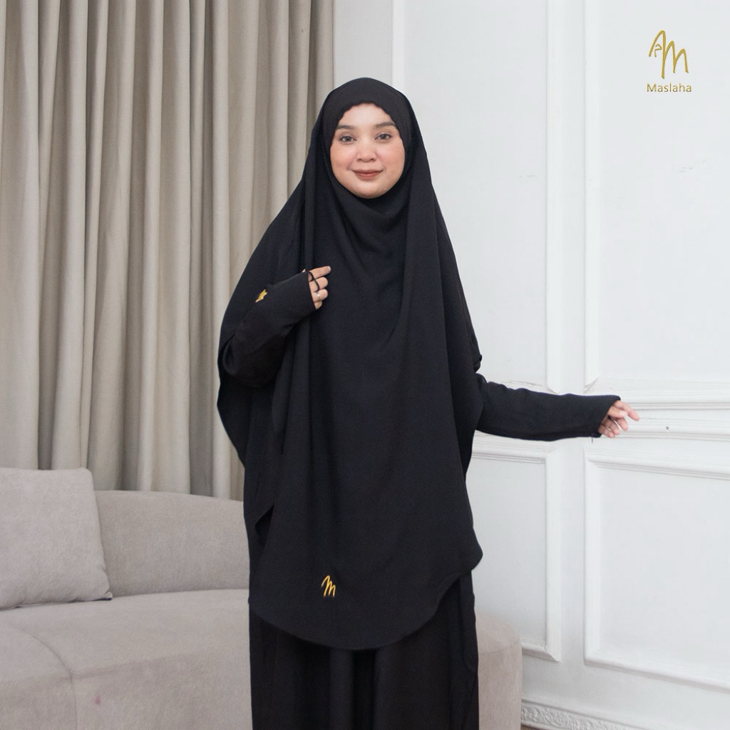 Maslaha Niqab | Madeena French Khimar Bordir Hitam | Shamira Stretch Long FK Instant Umroh Haji