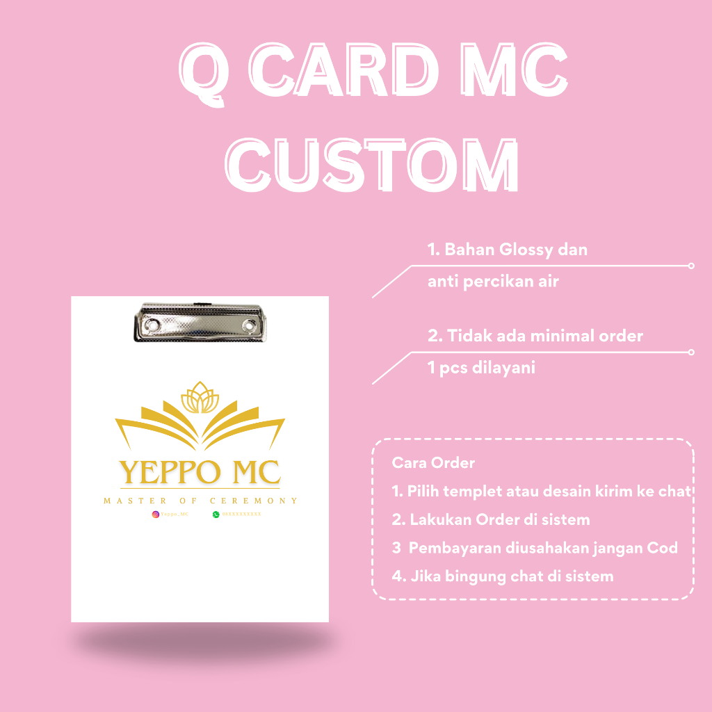 

PAPAN PEMBAWA ACARA MC CUSTOM LOGO WEDDING EVENT A5 POTRAIT BERDIRI REQUEST GAMBAR BEBAS CUE Q CARD