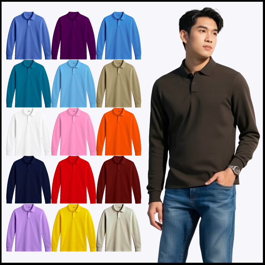 Kaos Seragam Polos Lengan Panjang Pria | Kaos Kerah Polo Shirt Unisex | Atasan Poloshirt Panjang