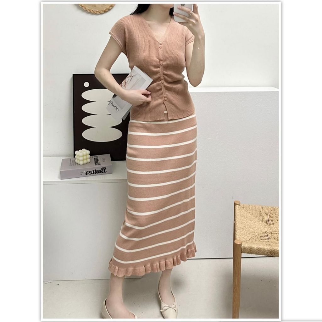 S6180 Wan set - one set rok dan baju knit - set baju rok rajut import - set knit bahan import premiu