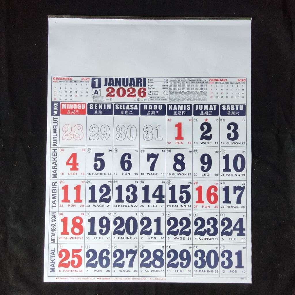 

Kalender 2026 Super Jumbo Angka Lengkap dengan Pasaran ukuran 50 x 65 cm
