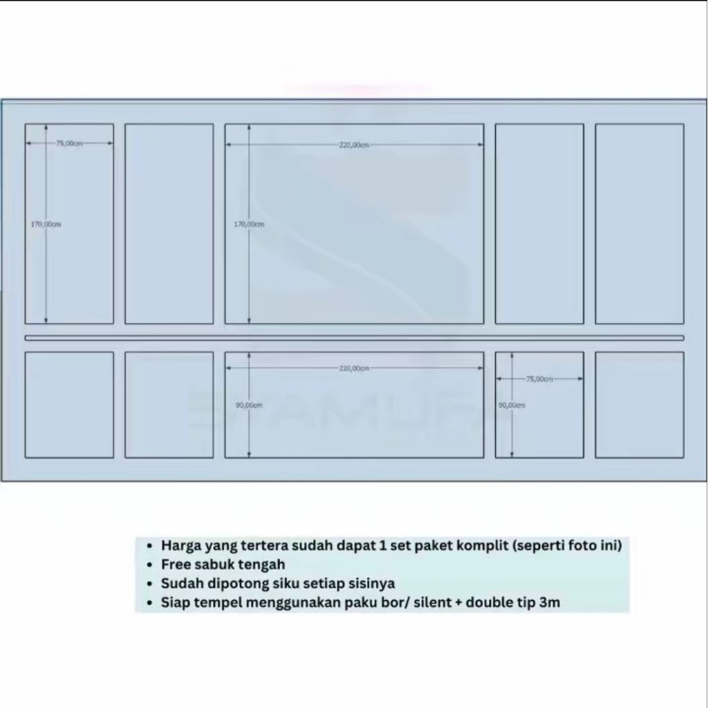 Paket Lengkap 3M x 5M Kaca Cermin & Wall Moulding