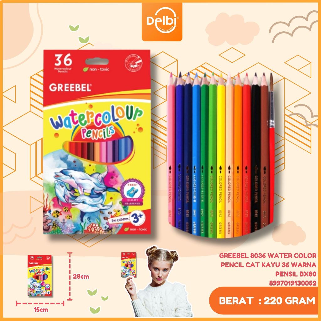 

GREEBEL Pensil Warna WATERCOLOUR 8036 (ISI 36) bonus kuas & serutan / Coloring/Color/Colour Pencils bonus serutan Cerah tidak beracun utk mewarnai anak GREEBEL 8036 WATER COLOR PENCIL