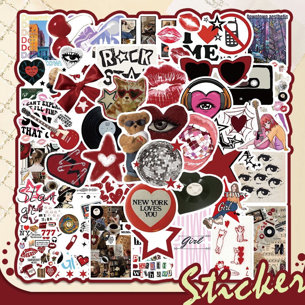 

50 PCS Kartun Y2K Fashion Stiker Tahan Air DIY Hitam & Merah Manis Gaya Keren Cocok untuk Helm/Buku Harian/Laptop/HP/Skateboard/Cangkang Ponsel/Koper//Motor/Kulkas