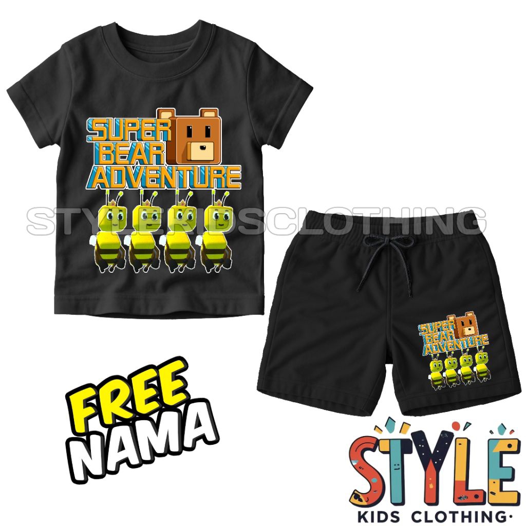 BISA COD Setelan Kaos Anak Celana Anak Super Bear Adventure Queen Bee Free Nama/T-shirt Baju Anak Ce