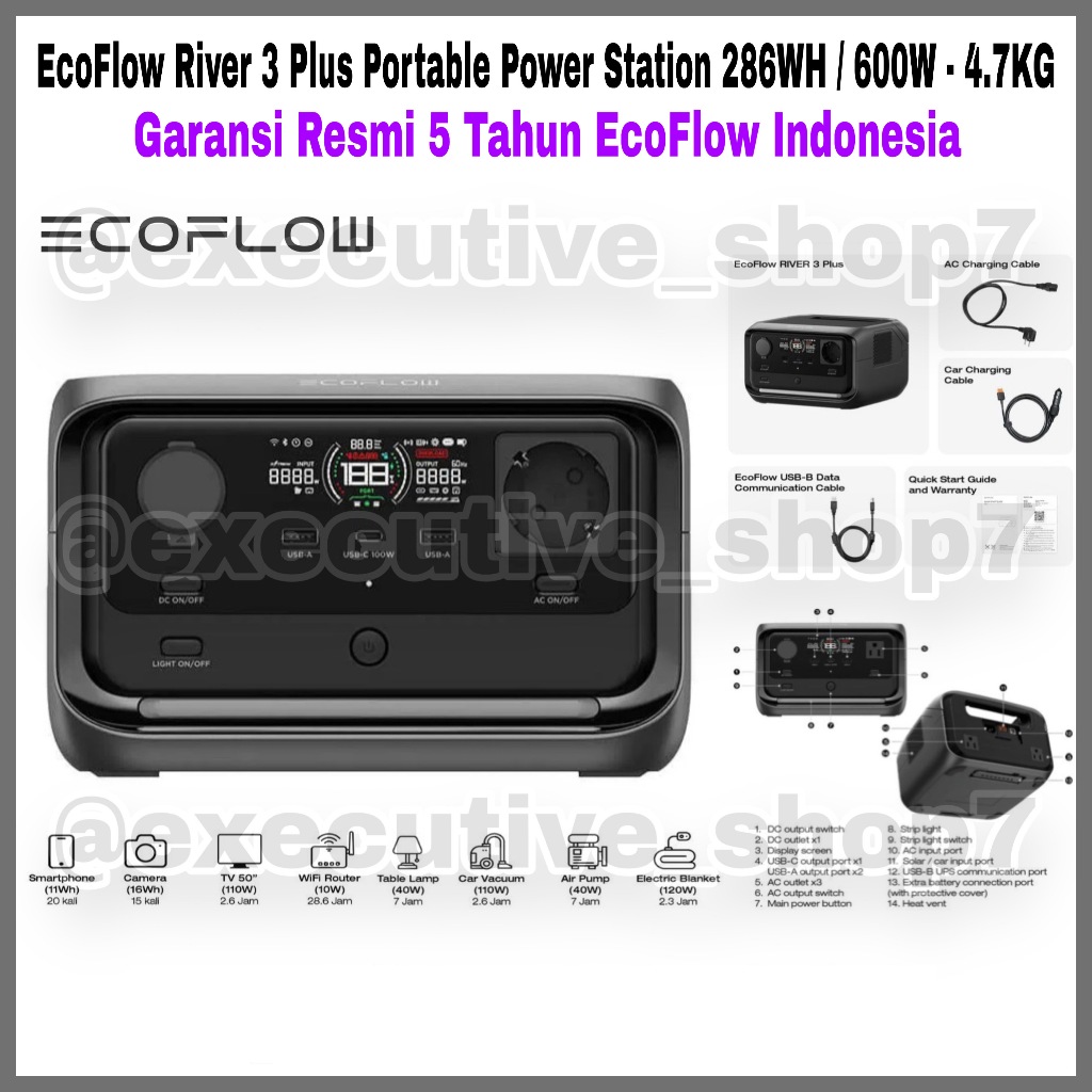 EcoFlow River 3 Plus Portable Power Station 286WH / 600W - 4.7KG - Garansi Resmi 5 Tahun EcoFlow Ind