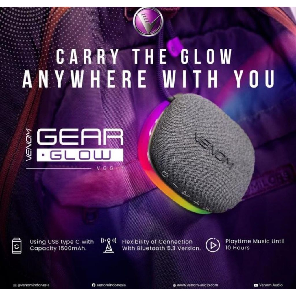 Venom Gear Glow VGG Speaker Bluetooth Portable Bass LED Bluetooth 5.3 / Car audio mobil