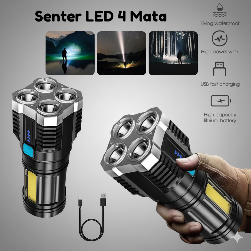 Senter LED 4 Mata 48 W 20 W / Senter LED Chargeable / Senter Cas LED