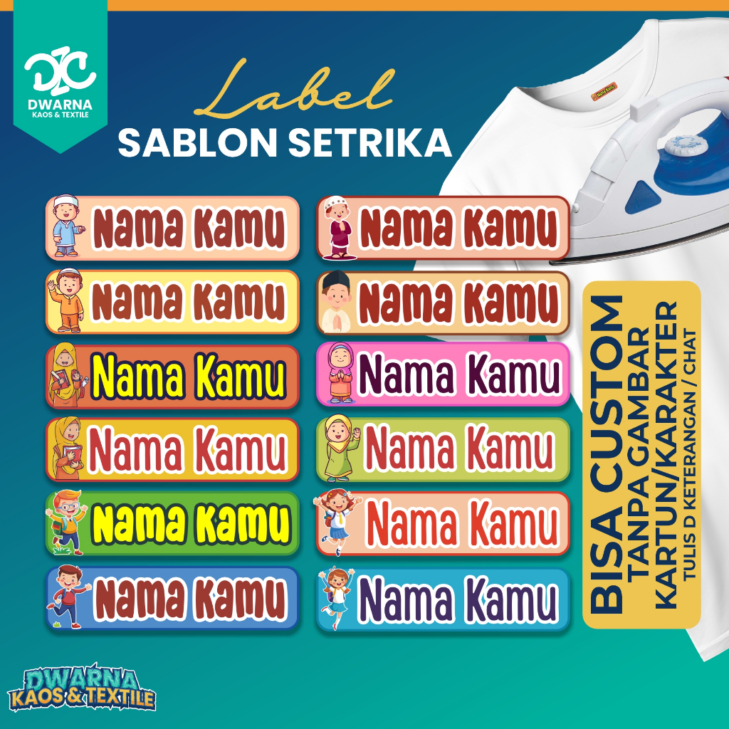 LABEL SABLON SETRIKA, LABEL NAMA, SABLON LABEL KAOS, LABEL NAMA, SABLON DTF