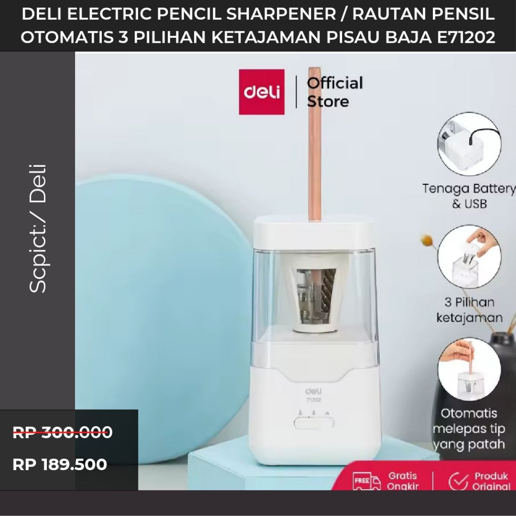 

Promo Deli Electric Pencil Sharpener / Rautan Pensil Otomatis 3 Pilihan Ketajaman Pisau Baja E71202