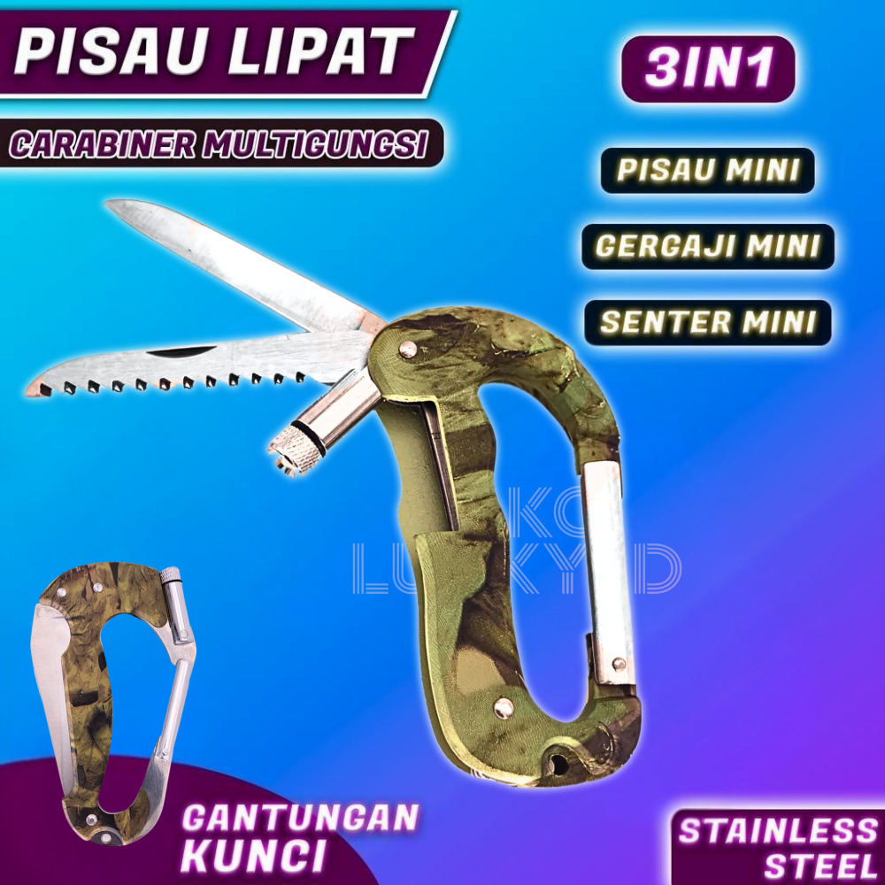Karabiner Lipat 3in1 Multifungsi Gantungan Kunci Senter Pisau Dapur Carabiner Peralatan Survival