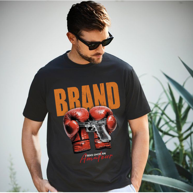 Kaos Polos Motif Sarung Tinju Klasik Amerika BRAND - Desain Pistol Keren dengan Kerah Lingkaran Leba