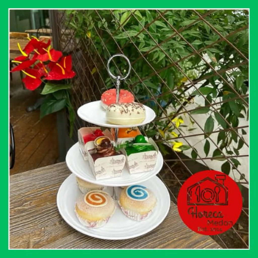 RAK KUE KERAMIK 3 TINGKAT SUSUN 3 / RAK CUPCAKE / RAK BUAH HOMELINE 7 9 10 INCI