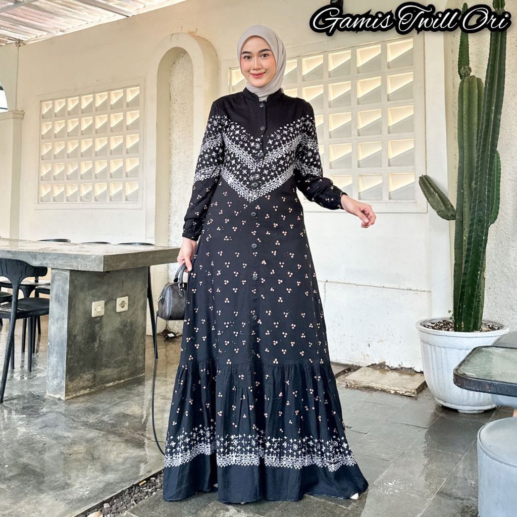 Gamis Hitam Motif Bunga -Bahan Twill Original-Gamis Casual Daily Spesial Edition By Angkasa Batik