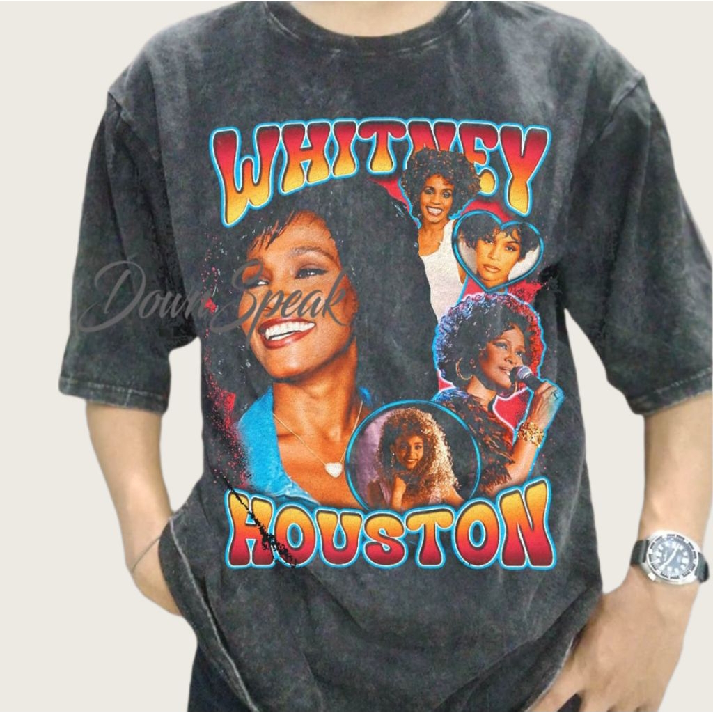 Whitney Houston Pop Singer Vintage Wash T-shirt/Kaos Musik Whitney Houston Vintage Wash Oversize Uni