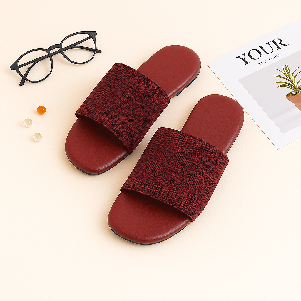 Sendal Wanita Slop Rajut Wanita Flat Maroon Casual