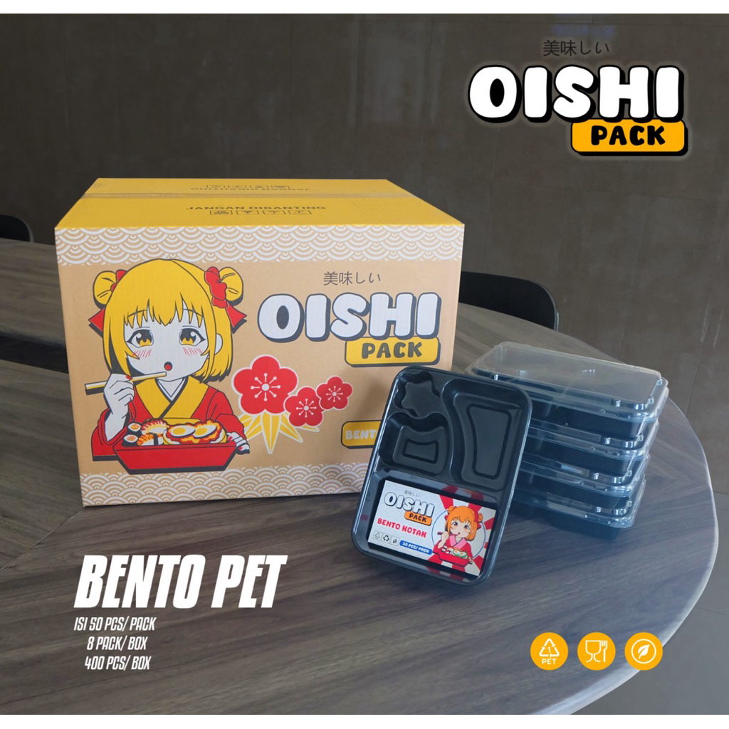BENTO PET//OISHI PACK/BENTO BOX PLASTIK//BENTO FOOD GRADE//TEMPAT MAKAN SEKALI PAKAI//KOTAK BENTO SE